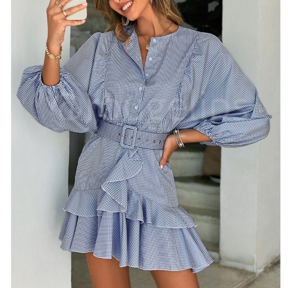 Rouge! Dresses & Skirts - Blue White Gingham Print Belted Ruffle Detail Lantern Sleeve Mini Dress